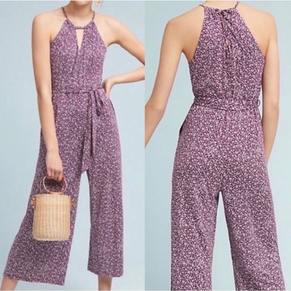 Anthropologie Maeve Claremont Purple Floral Sleeveless Jumpsuit SIZE SMALL
